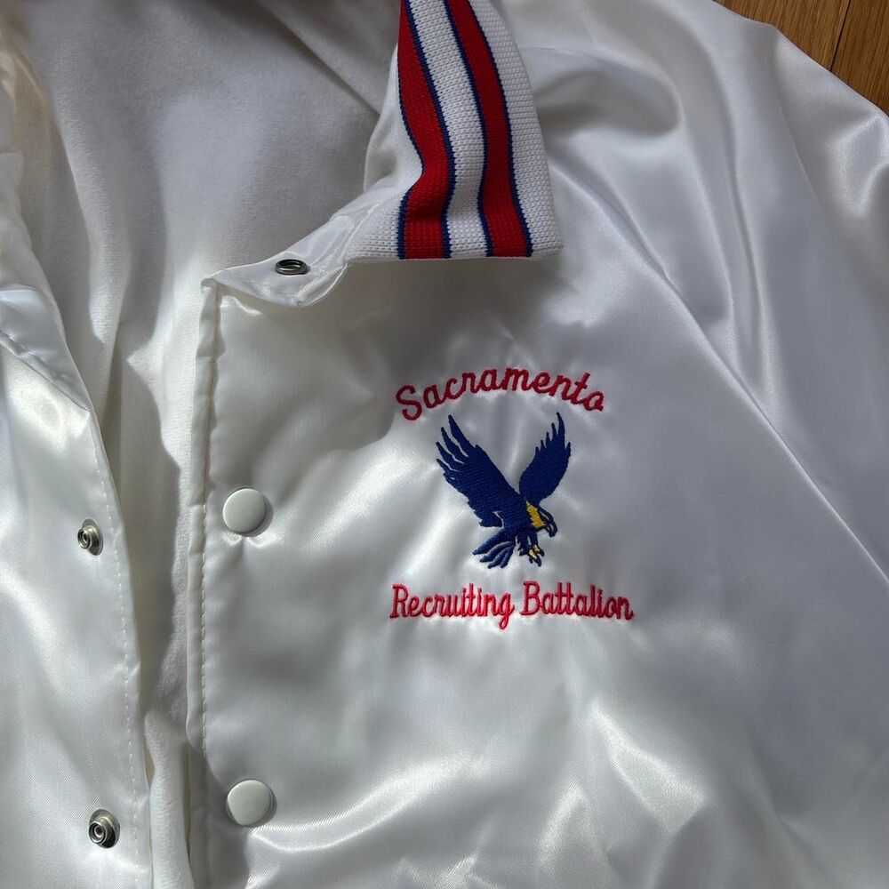 Vtg 1980s White Satin Varsity Bomber Jacket Large Mens Sacramento Battalion - Picture 4 of 6